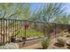 A scenic backyard with desert landscaping, featuring flower pots hanging on the fence, offers privacy and charm at 23133 N 73Rd Pl, Scottsdale, AZ 85255