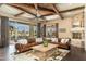 Inviting living room with leather sofas, a stone fireplace, and expansive windows to the outdoor space at 27632 N 68Th Pl, Scottsdale, AZ 85266