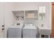 Well-equipped laundry room with storage shelves, a sink, and modern appliances at 27792 N 129Th Ln, Peoria, AZ 85383