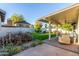 Inviting covered patio with outdoor seating overlooking a well-maintained backyard and manicured landscaping at 756 E Appaloosa Rd, Gilbert, AZ 85296