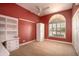 Bedroom with white furniture, a ceiling fan, carpeted floors, and arched window at 1530 E Jeanine Dr, Tempe, AZ 85284