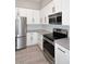 Modern kitchen featuring stainless steel appliances, grey countertops, and white cabinets at 7741 E Journey Ln, Scottsdale, AZ 85255