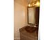 Powder room features a vessel sink, granite counters, and decorative mirror at 1417 W Lake Mirage Ct, Gilbert, AZ 85233