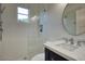 Contemporary shower with white subway tiles, glass door, and modern fixtures at 18916 N 98Th St # 3709, Scottsdale, AZ 85255