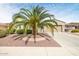Low-angle view of beige single-story home featuring mature palm tree surrounded by stone and decorative rock at 21026 N Circle Cliffs Dr, Surprise, AZ 85387