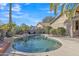 Backyard pool surrounded by lush landscaping and a tranquil setting with blue skies at 6071 S Topaz Pl, Chandler, AZ 85249