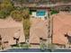 Aerial view of a home featuring a backyard pool, patio, and well-maintained landscaping at 7201 E Sandia Cir, Mesa, AZ 85207