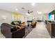Inviting living room with comfortable seating, skylights, and a seamless flow to the kitchen and dining areas at 8213 E Fairmount Ave, Scottsdale, AZ 85251