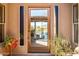 Stained wood front door with sidelights, landscaping, and views into backyard at 9630 E Preserve Way, Scottsdale, AZ 85262