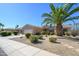 Residential home with a desert landscaped front yard, palm trees, and desert foliage at 19212 N Tallowood Way, Surprise, AZ 85387