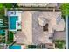 Aerial view of a home's backyard featuring a pool, patio, manicured lawn, and outdoor kitchen at 28834 N 68Th Ave, Peoria, AZ 85383