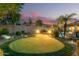 Backyard putting green with artificial turf, landscape lighting, pool, and palm trees offers relaxing desert living at 560 W Powell Way, Chandler, AZ 85248