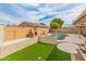 The backyard has a built-in barbeque, and stone firepit, as well as a fenced in kidney shaped pool at 760 W Douglas Ave, Gilbert, AZ 85233