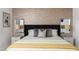 Close up of main bedroom's padded headboard, textured accent wall, and stylish pillows at 8738 E Rose Ln, Scottsdale, AZ 85250