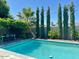 A stunning pool surrounded by lush landscaping and mature trees at 8738 E Rose Ln, Scottsdale, AZ 85250