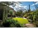 Lush backyard oasis with artificial turf, mature cacti, and a tranquil water feature at 9722 E Mark Ln, Scottsdale, AZ 85262