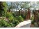 A lovely desert courtyard with unique iron gated entrance, mature landscaping, and stone walking path at 9722 E Mark Ln, Scottsdale, AZ 85262