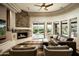 Spacious living room boasts a stone fireplace, plush seating, and a view of the backyard at 9722 E Mark Ln, Scottsdale, AZ 85262