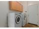 Laundry room features a modern washer and dryer, plus wooden cabinets for storage at 16600 N Thompson Peak Pkwy # 1072, Scottsdale, AZ 85260