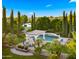 Aerial view of a backyard featuring a pool, spa, covered patio, outdoor fireplace, and lush landscaping at 2174 E Avenida Del Valle Ct, Gilbert, AZ 85298