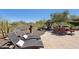 Outdoor patio with chaise lounges and dining table, surrounded by desert landscape with a cactus sculpture at 28351 N 130Th Dr, Peoria, AZ 85383