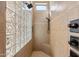 Walk-in shower with glass block wall, tile surround, and multiple shower heads at 3529 N Boulder Canyon St, Mesa, AZ 85207