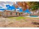 Spacious backyard featuring a covered patio, grass, and a refreshing pool, perfect for outdoor relaxation and entertainment at 8014 W Mescal St, Peoria, AZ 85345