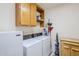 Functional laundry room with washer, dryer, and storage cabinets at 8320 E Nido Ave, Mesa, AZ 85209