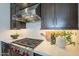 Kitchen area featuring a stainless steel range, modern vent hood, subway tile backsplash, and under cabinet lighting at 12328 E Black Rock Rd, Scottsdale, AZ 85255