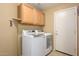 Bright laundry room with wooden cabinets, a modern washer and dryer, and access to the garage at 15123 W Custer Ln, Surprise, AZ 85379