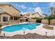Backyard oasis with a sparkling pool, covered patio, and lush landscaping, perfect for relaxing and entertaining at 53 W Pecan Pl, Tempe, AZ 85284