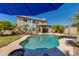 Backyard pool area with a large pool, umbrellas, and well-maintained landscaping at 7053 S Heather Dr, Tempe, AZ 85283