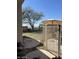 Fenced backyard featuring a well-maintained lawn, mature tree, and patio area with an umbrella at 10980 E Winchcomb Dr, Scottsdale, AZ 85255