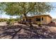 Backyard featuring low maintenance desert landscaping, mature trees and a covered patio at 16902 W Marcos De Niza Dr, Surprise, AZ 85387