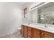 Bathroom boasts double sinks, wood cabinetry, and a large mirror at 16902 W Marcos De Niza Dr, Surprise, AZ 85387