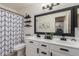 Well-lit bathroom with double vanity, modern fixtures, and stylish shower curtain at 1750 N Abner --, Mesa, AZ 85205