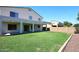 Large backyard with a covered patio, green grass, and a block wall at 24113 N 26Th Pl, Phoenix, AZ 85024