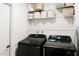 Bright laundry room featuring black Samsung washer and dryer plus ample shelving for storage at 3147 W Phelps Rd, Phoenix, AZ 85053