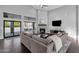 Open concept living room with fireplace, TV, and access to the outdoor patio at 9422 E Southwind Ln, Scottsdale, AZ 85262