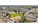 Aerial view of a park in a community, featuring mature trees, a playground, and a community pool at 1705 E Juanita Ave, Mesa, AZ 85204