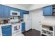 Kitchen with blue cabinets, white appliances, and a small shelving rack at 1705 E Juanita Ave, Mesa, AZ 85204