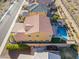 A high angle view showcasing a home with a backyard pool and patio in a fenced yard at 10038 W Redbird Rd, Peoria, AZ 85383