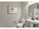 Bathroom featuring a pedestal sink, toilet, and decorative artwork at 2483 E Narrowleaf Dr, Gilbert, AZ 85298