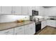 Close-up of kitchen with stainless steel appliances, granite counters, and white cabinets at 2483 E Narrowleaf Dr, Gilbert, AZ 85298