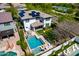 Aerial view of a beautiful home featuring a private pool, outdoor seating, and lush landscaping at 4167 E Sierra Madre Ave, Gilbert, AZ 85296
