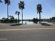 Scenic view of community waterfront with palm trees lining the shore and homes visible in the background at 3830 E Lakewood E Pkwy # 2042, Phoenix, AZ 85048
