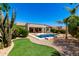 Well-maintained backyard featuring a swimming pool, desert landscaping, and artificial grass at 41961 W Centennial Rd, Maricopa, AZ 85138