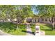Well-manicured front yard with lush green grass, mature trees, and a charming mailbox feature enhancing the home's curb appeal at 8336 S Homestead Ln, Tempe, AZ 85284