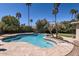 Backyard pool with tropical landscaping including palm trees and a grassy area to relax and enjoy the outdoor space at 17246 N 56Th Way, Scottsdale, AZ 85254