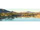 Beautiful community lake with serene water and mountain views, surrounded by palm trees and lush landscaping at 17953 W Willow Dr, Goodyear, AZ 85338